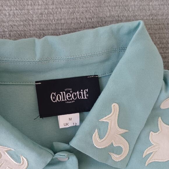 Collectif Western Shirt Womens M Embroidered Pearl Snap Retro Yoke Turquoise - Picture 3 of 11